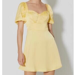 Something New Gloria Mini Dress Yellow Satin Short Puff Sleeve NEW Womens XS